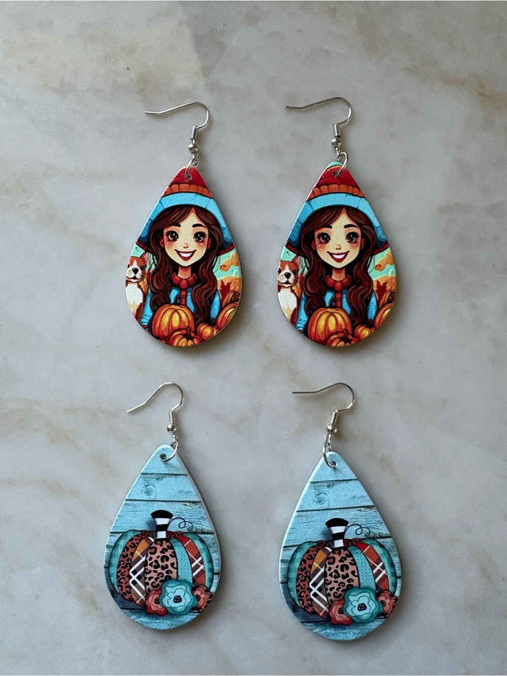 Fall Pumpkin Teardrop Earrings - Blue & Orange Acrylic Double sided